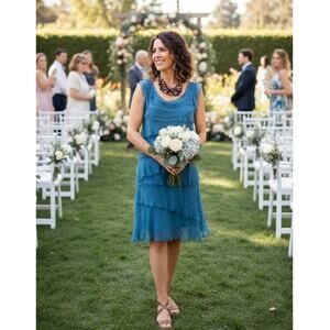 NWT Meo Meli Boho Blue Chiffon Layered Ruffle Tier Pullover Sleeveless Dress M‎